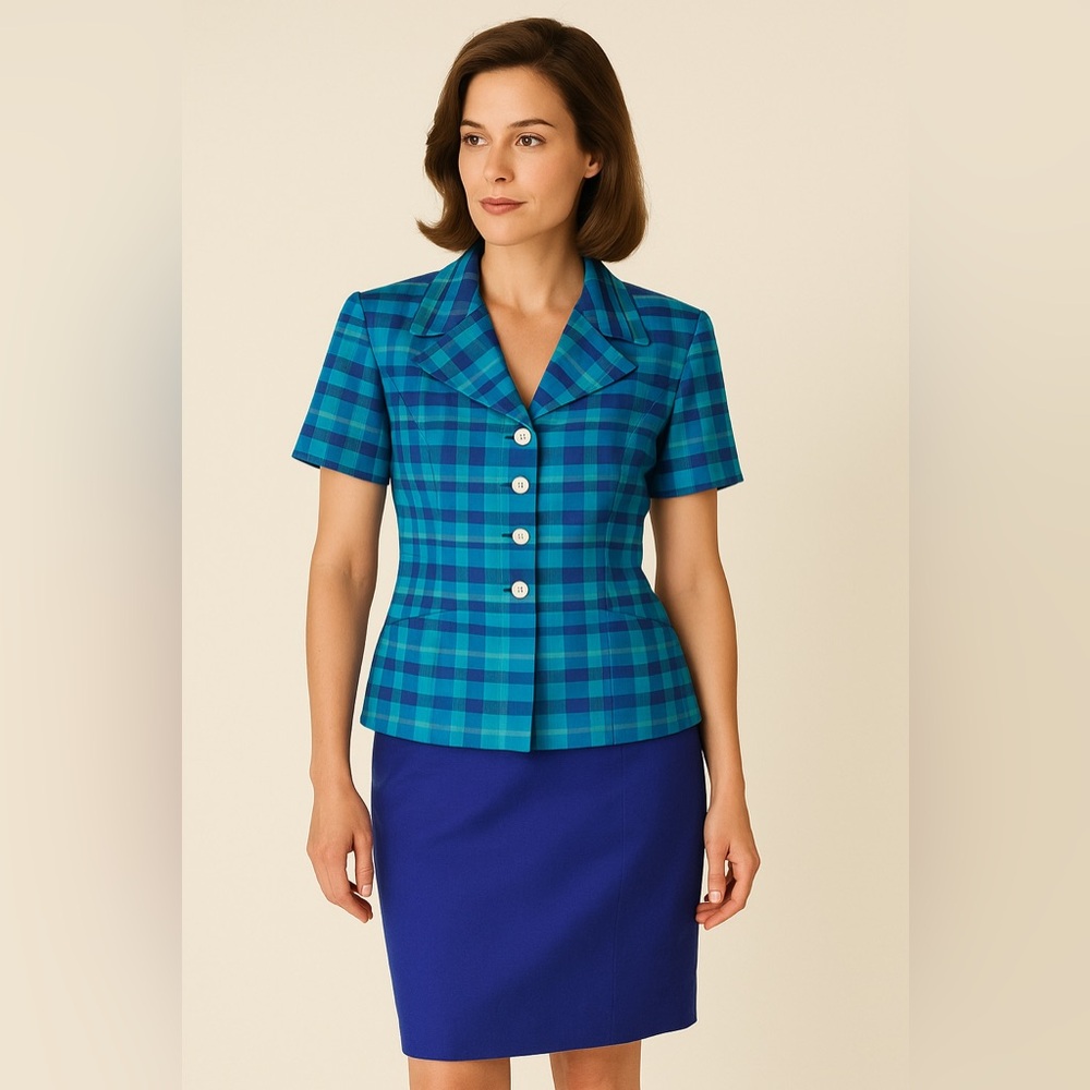 Jones New York Suit Plaid/Solid Silk 2-Piece Vintage 90s Turquoise/Blue Size 8